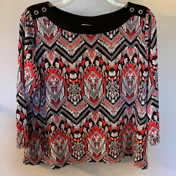Alfred Dunner Womens Petite Aztec Design Blouse Black/Pink/White Size PM - Picture 1 of 6